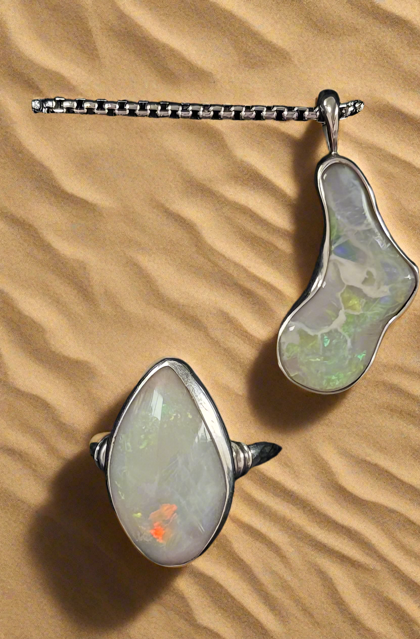OPAL - Lightning Ridge 'Island' Pendant & Ring Free Form set