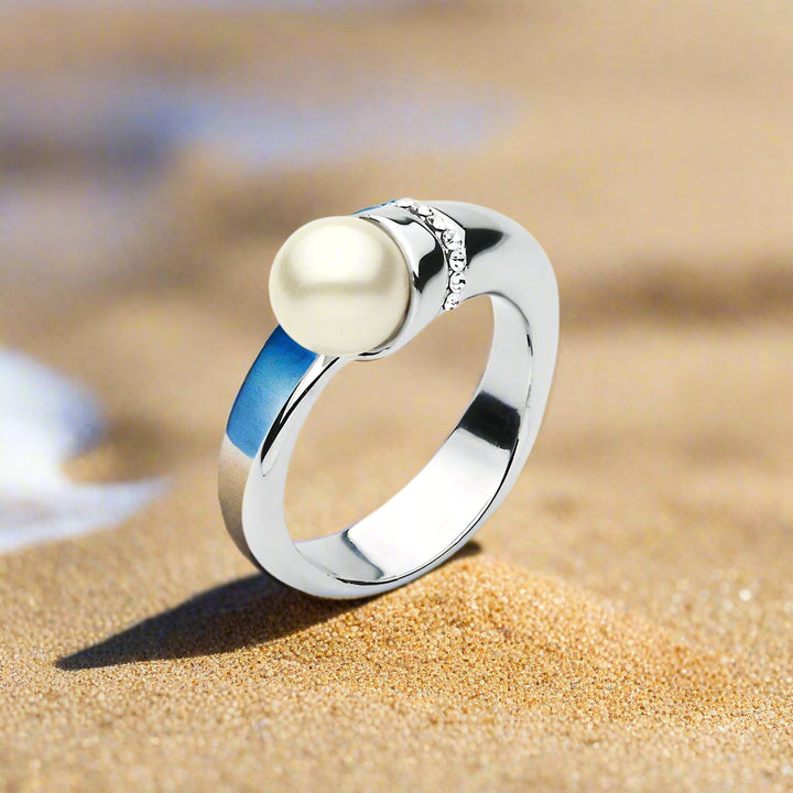 White Pearl Ring with Swarovski Crystals