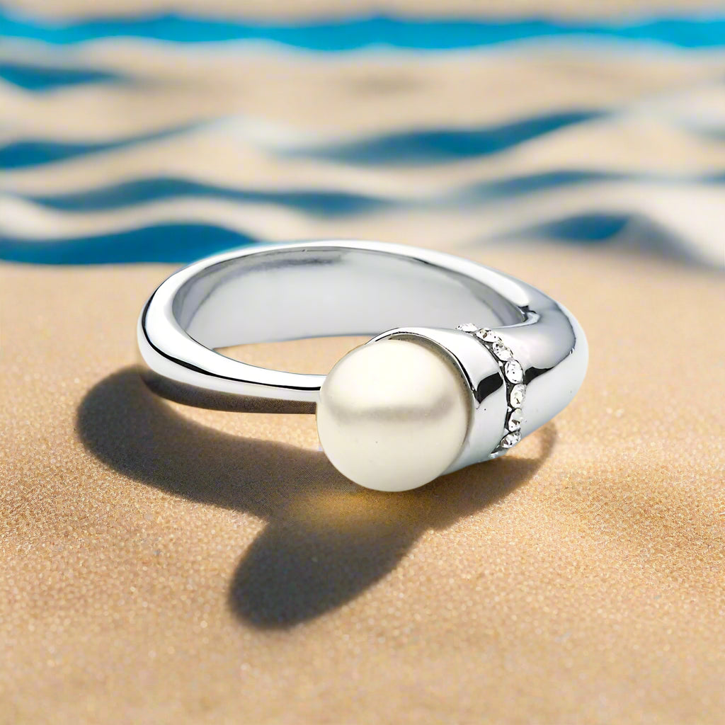White Pearl Ring with Swarovski Crystals