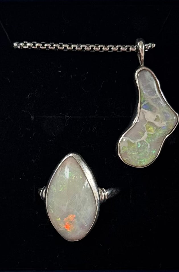 OPAL - Lightning Ridge 'Island' Pendant & Ring Free Form set