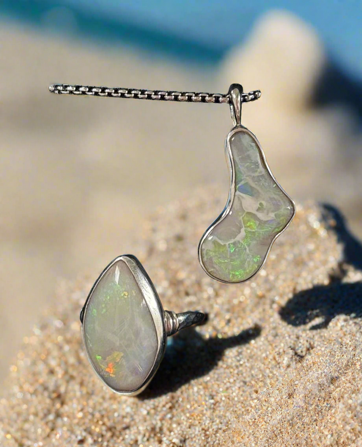 OPAL - Lightning Ridge 'Island' Pendant & Ring Free Form set